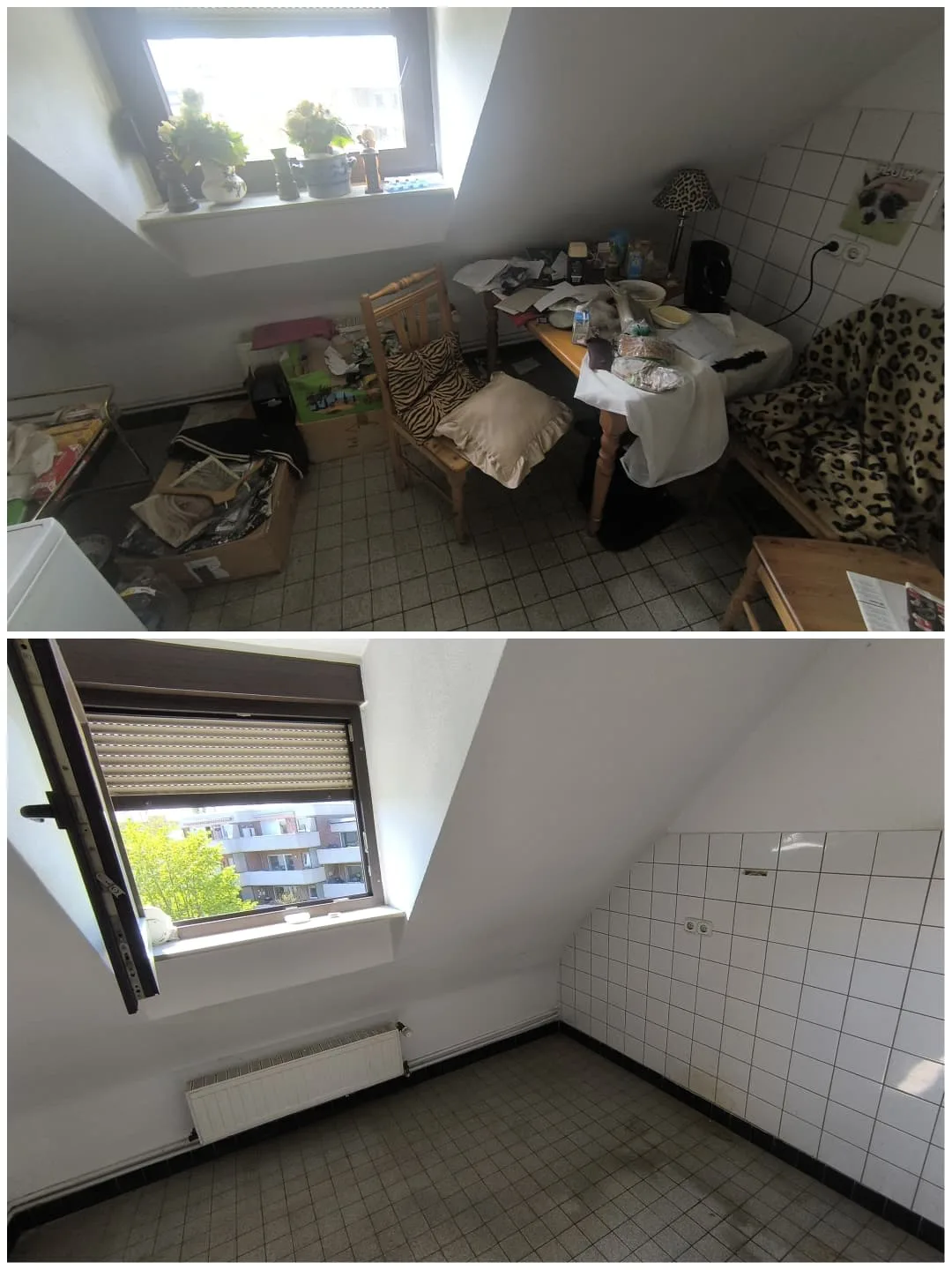Vorher und nachher: Zimmer mit Fliesenboden unter der Dachschräge vor und nach der Räumung